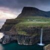 Gásadalur settlement with waterfall