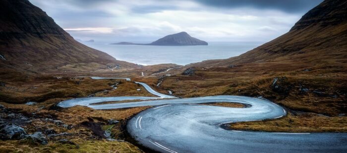 Meandering road with island in frame