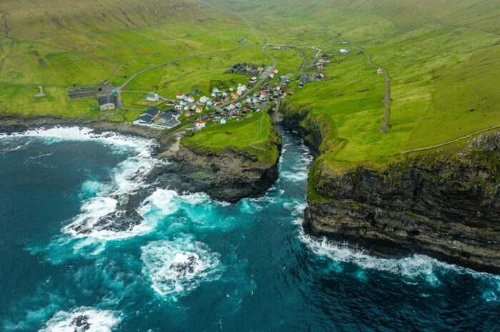 Aerial view of Gjógv