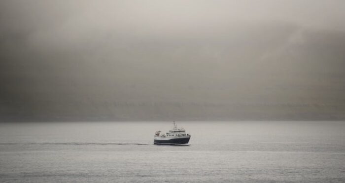 Ferry sailing in fog