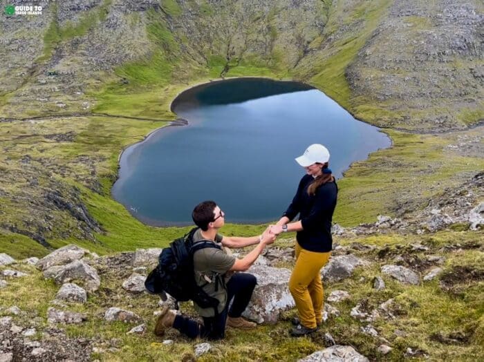 Couple at heart-shaped lake