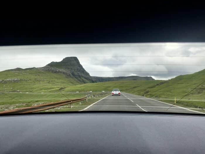 View from car rear window while driving on Streymoy Island