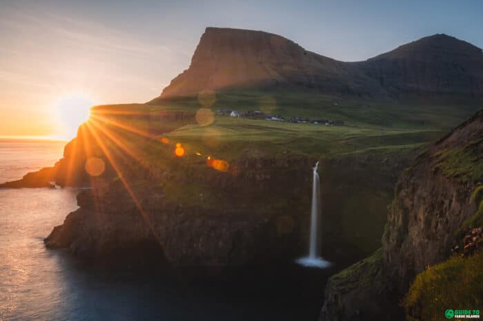 Múlafossur Waterfall at golden hour