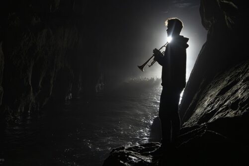 Silhouette of a trumpet player standing at the mouth of Klæmintsgjógv sea cave on Hestur Island, backlit by daylight with a small boat crossing the water in the background.